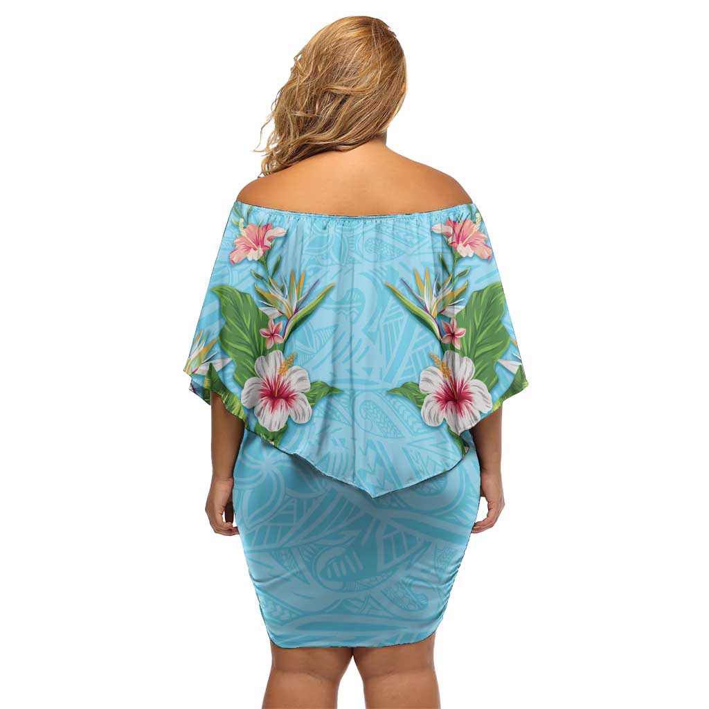 Hawaii Tropical Flowers Off Shoulder Short Dress Sky Blue Polynesian Tattoo Art