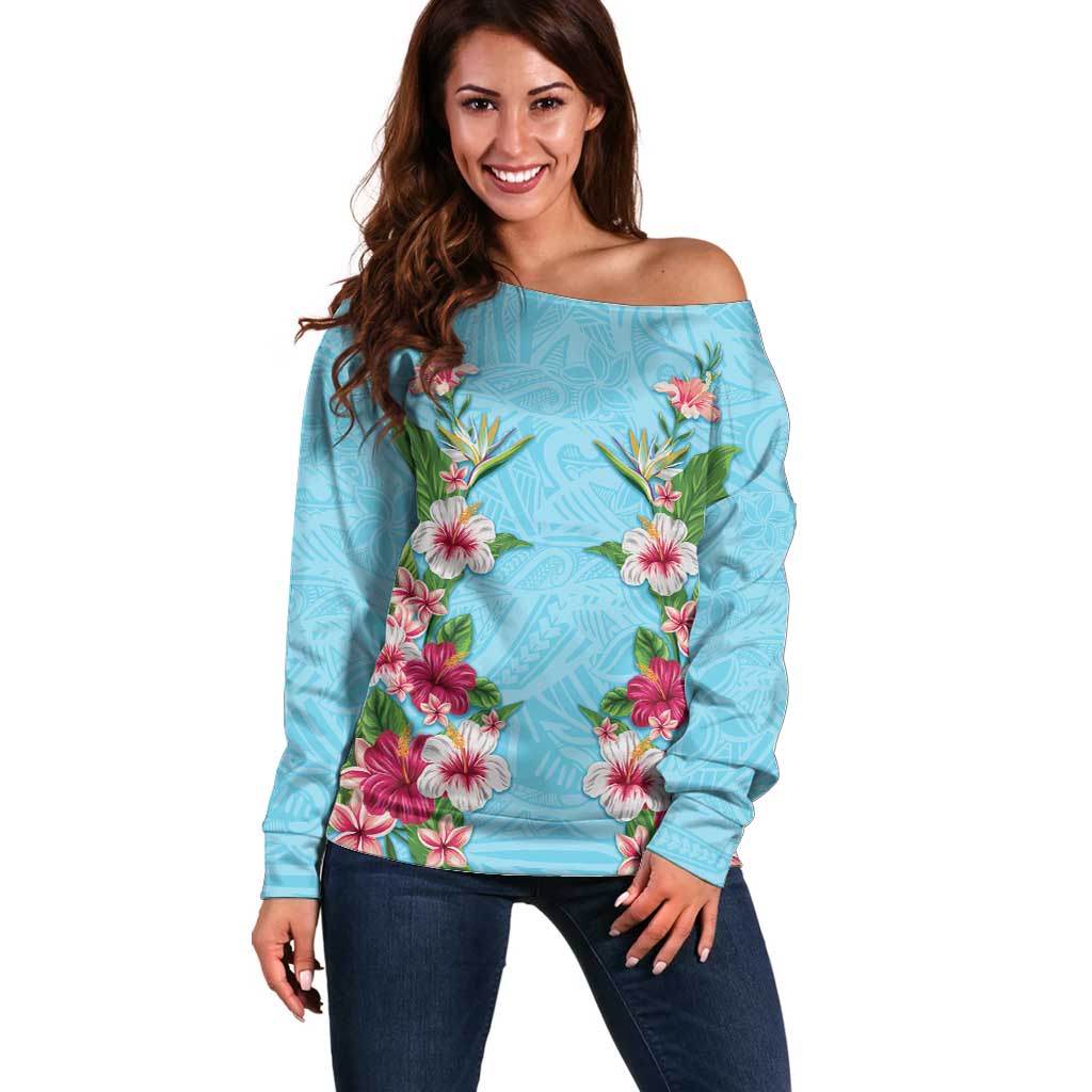 Hawaii Tropical Flowers Off Shoulder Sweater Sky Blue Polynesian Tattoo Art LT05 Women Blue - Polynesian Pride