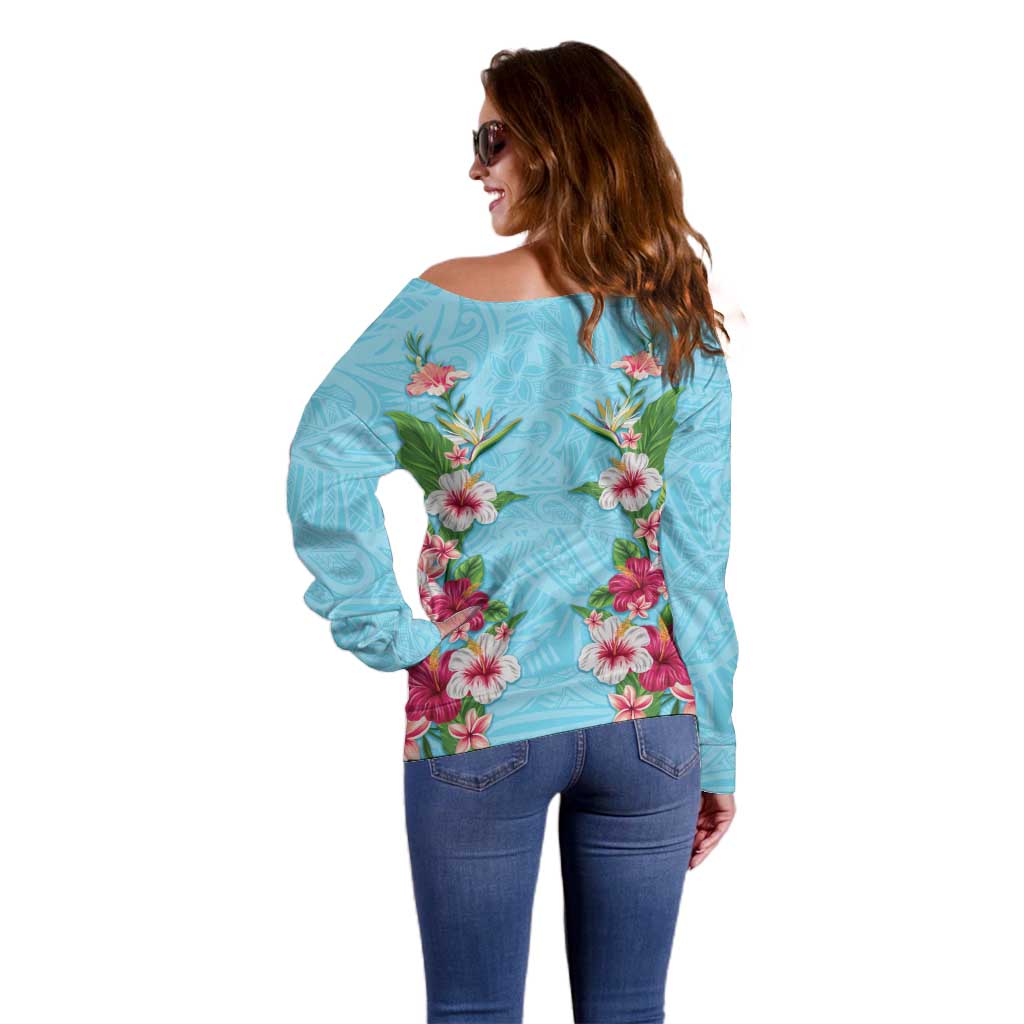 Hawaii Tropical Flowers Off Shoulder Sweater Sky Blue Polynesian Tattoo Art LT05 - Polynesian Pride