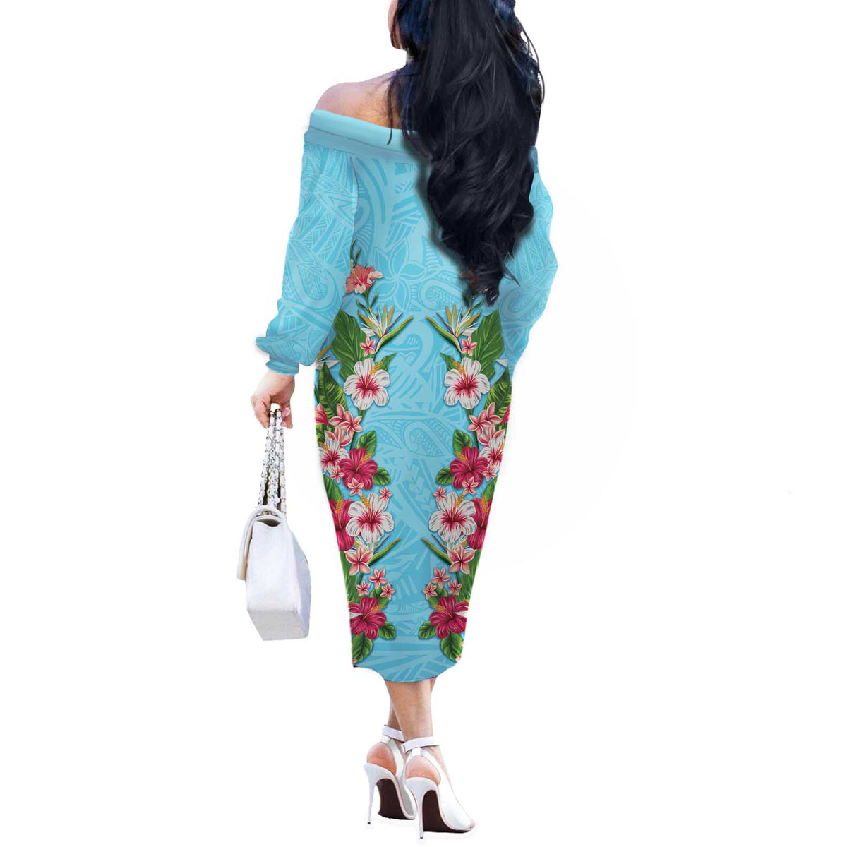 Hawaii Tropical Flowers Off The Shoulder Long Sleeve Dress Sky Blue Polynesian Tattoo Art LT05 - Polynesian Pride