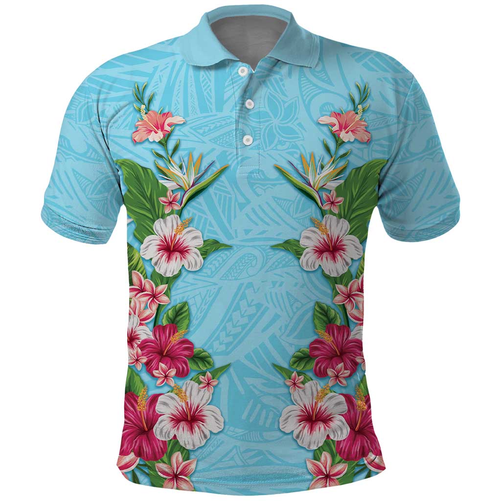 Hawaii Tropical Flowers Polo Shirt Sky Blue Polynesian Tattoo Art LT05 Blue - Polynesian Pride