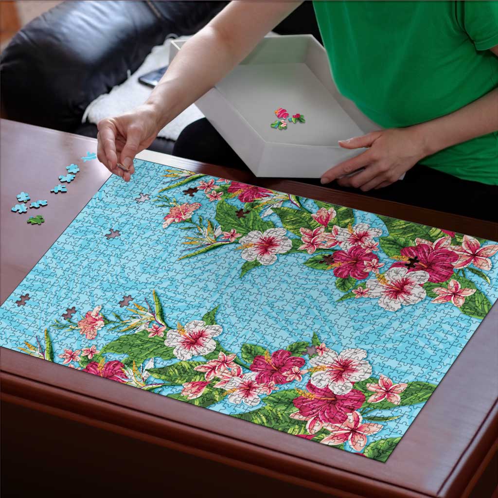 Hawaii Tropical Flowers Puzzle Sky Blue Polynesian Tattoo Art LT05 - Polynesian Pride