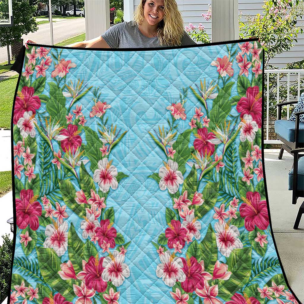 Hawaii Tropical Flowers Quilt Sky Blue Polynesian Tattoo Art