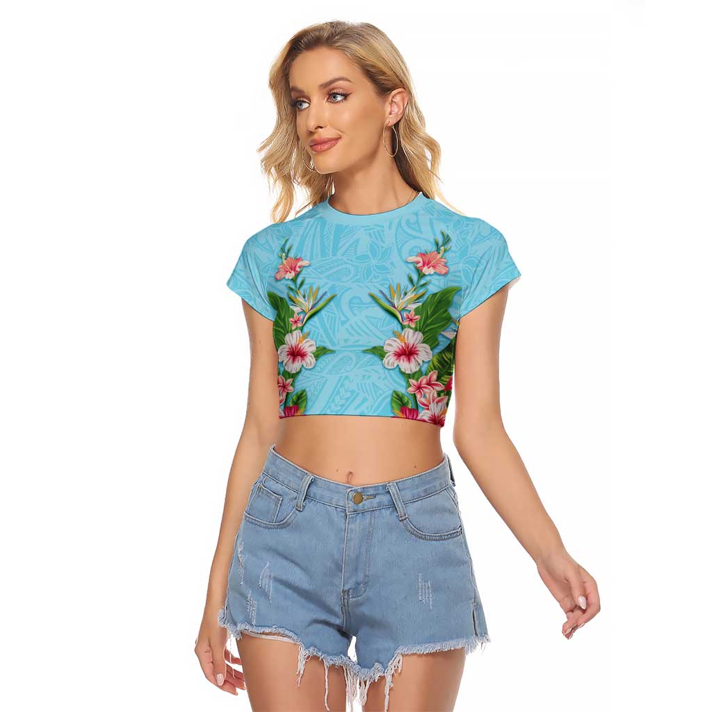 Hawaii Tropical Flowers Raglan Cropped T Shirt Sky Blue Polynesian Tattoo Art LT05 Female Blue - Polynesian Pride
