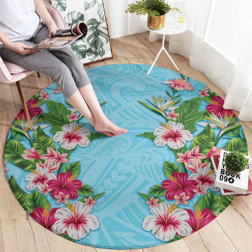 Hawaii Tropical Flowers Round Carpet Sky Blue Polynesian Tattoo Art LT05 - Polynesian Pride