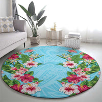 Hawaii Tropical Flowers Round Carpet Sky Blue Polynesian Tattoo Art LT05 - Polynesian Pride