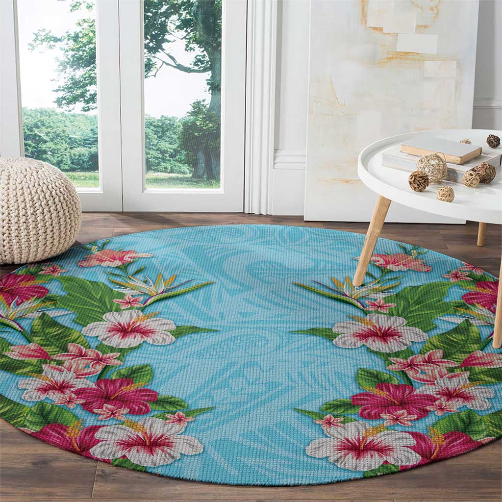 Hawaii Tropical Flowers Round Carpet Sky Blue Polynesian Tattoo Art LT05 - Polynesian Pride