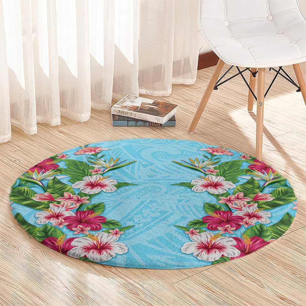 Hawaii Tropical Flowers Round Carpet Sky Blue Polynesian Tattoo Art LT05 - Polynesian Pride