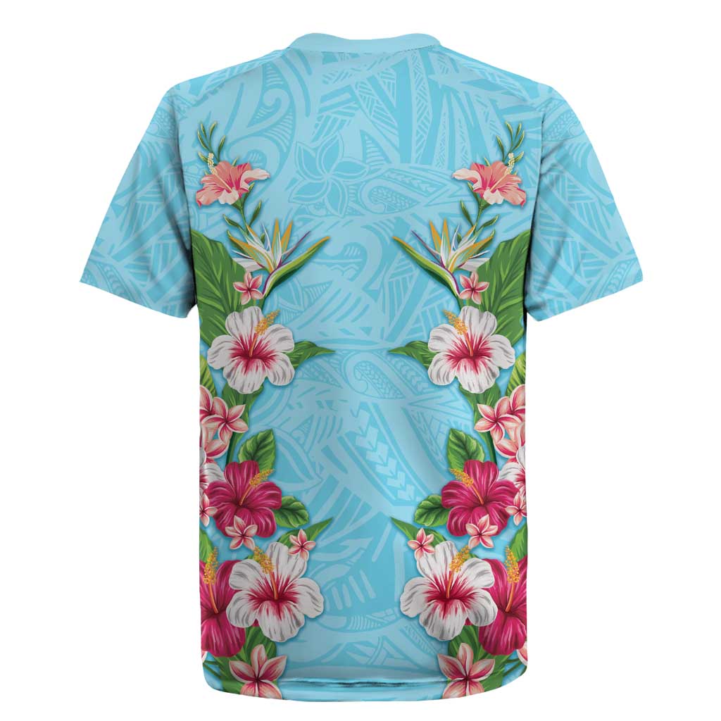 Hawaii Tropical Flowers Rugby Jersey Sky Blue Polynesian Tattoo Art LT05 - Polynesian Pride