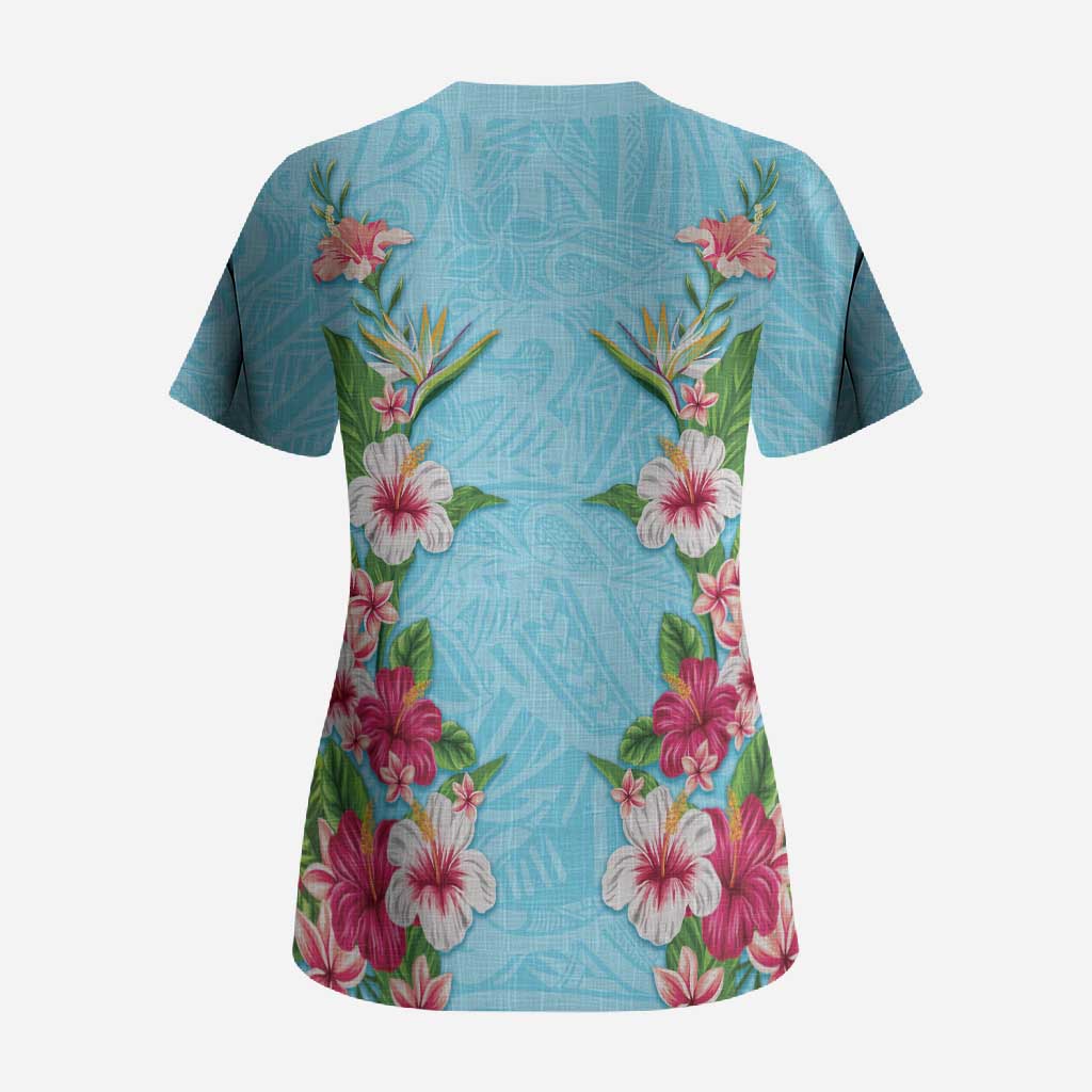 Hawaii Tropical Flowers Scrub Top Sky Blue Polynesian Tattoo Art LT05 - Polynesian Pride