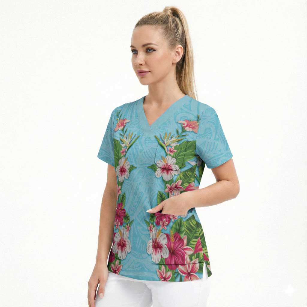 Hawaii Tropical Flowers Scrub Top Sky Blue Polynesian Tattoo Art LT05 - Polynesian Pride