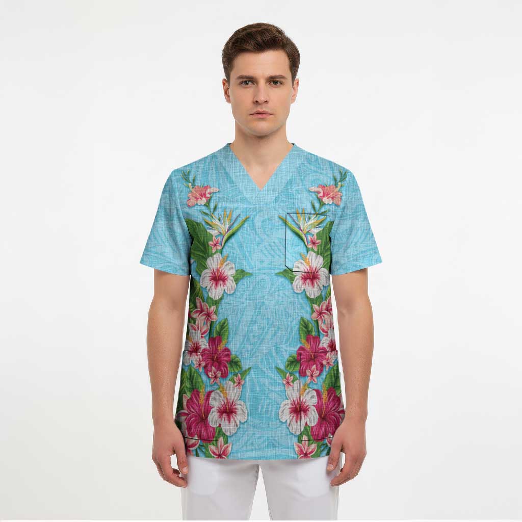 Hawaii Tropical Flowers Scrub Top Sky Blue Polynesian Tattoo Art LT05 - Polynesian Pride