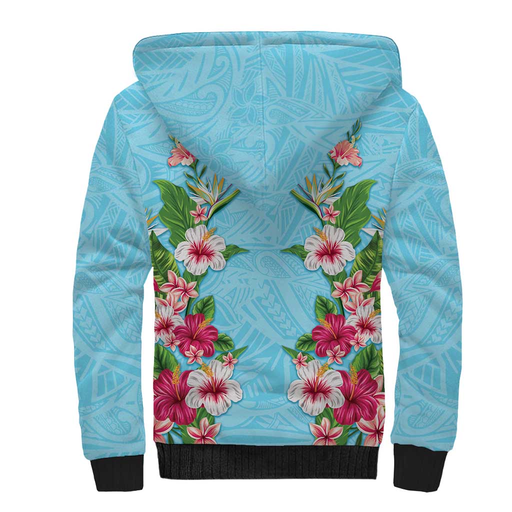 Hawaii Tropical Flowers Sherpa Hoodie Sky Blue Polynesian Tattoo Art LT05 - Polynesian Pride