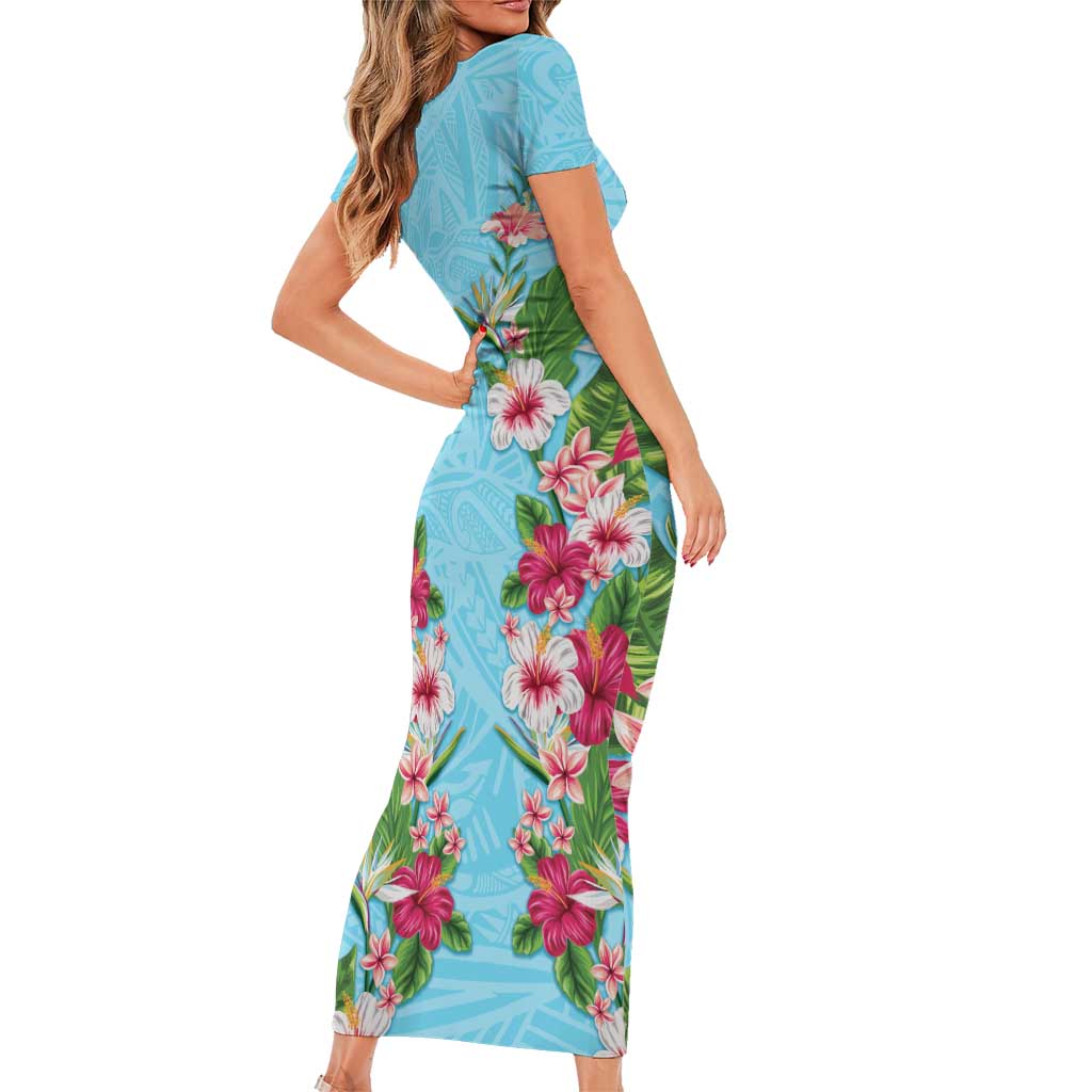 Hawaii Tropical Flowers Short Sleeve Bodycon Dress Sky Blue Polynesian Tattoo Art LT05 - Polynesian Pride