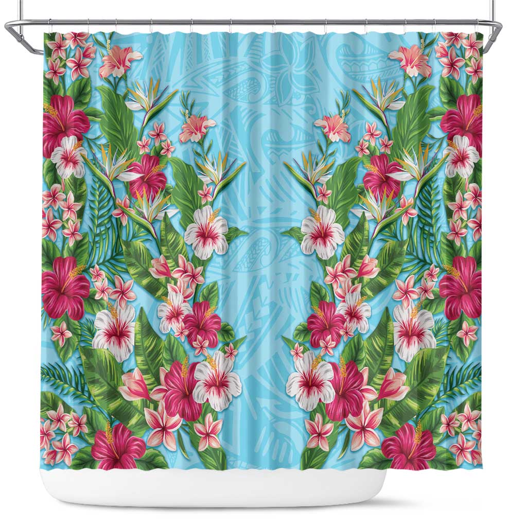 Hawaii Tropical Flowers Shower Curtain Sky Blue Polynesian Tattoo Art LT05 Blue - Polynesian Pride