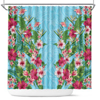 Hawaii Tropical Flowers Shower Curtain Sky Blue Polynesian Tattoo Art LT05 Blue - Polynesian Pride