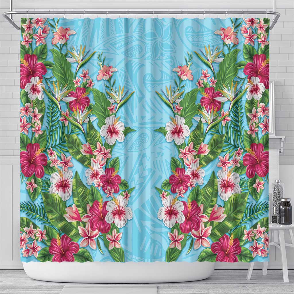 Hawaii Tropical Flowers Shower Curtain Sky Blue Polynesian Tattoo Art LT05 - Polynesian Pride