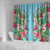 Hawaii Tropical Flowers Shower Curtain Sky Blue Polynesian Tattoo Art LT05 - Polynesian Pride