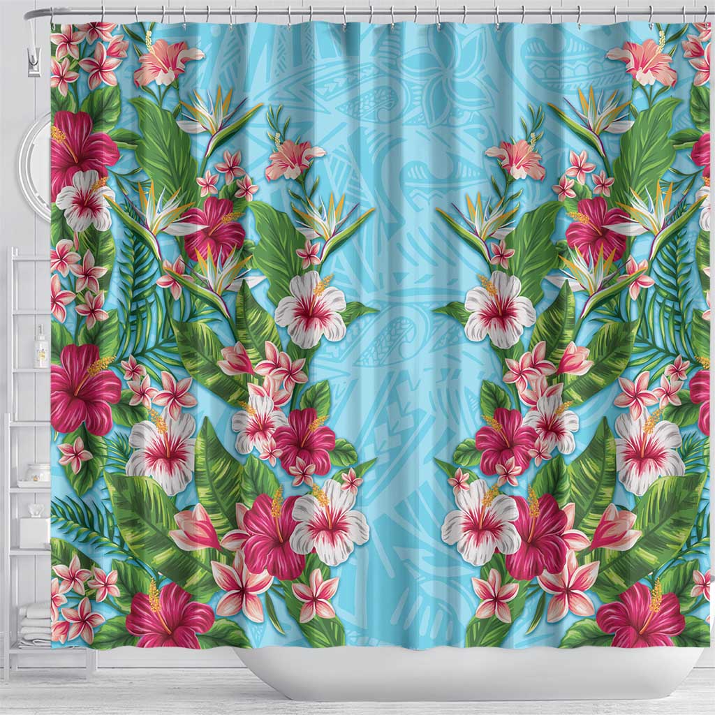 Hawaii Tropical Flowers Shower Curtain Sky Blue Polynesian Tattoo Art LT05 - Polynesian Pride
