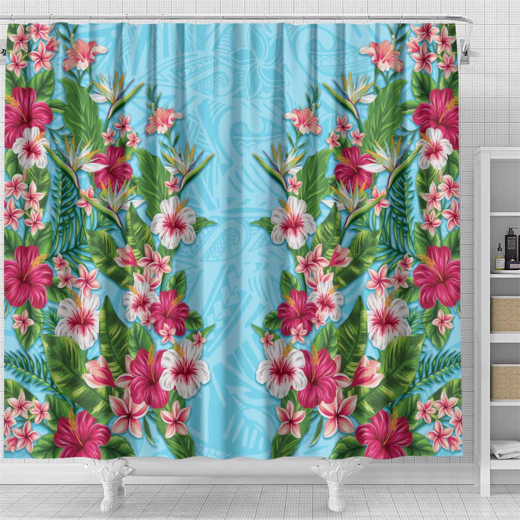 Hawaii Tropical Flowers Shower Curtain Sky Blue Polynesian Tattoo Art LT05 - Polynesian Pride