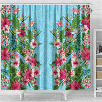 Hawaii Tropical Flowers Shower Curtain Sky Blue Polynesian Tattoo Art LT05 - Polynesian Pride