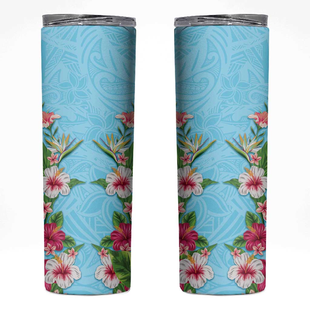 Hawaii Tropical Flowers Skinny Tumbler Sky Blue Polynesian Tattoo Art LT05 Blue - Polynesian Pride