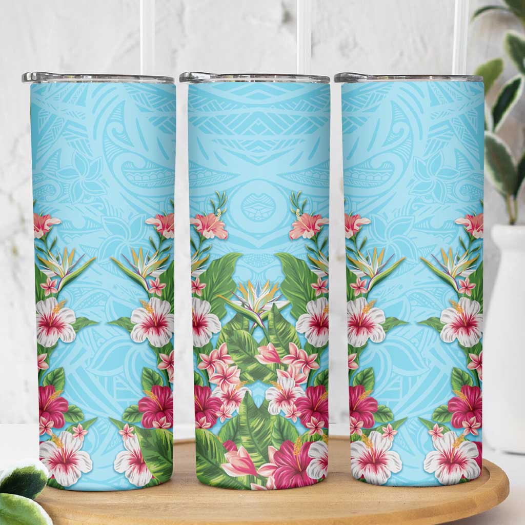 Hawaii Tropical Flowers Skinny Tumbler Sky Blue Polynesian Tattoo Art LT05 - Polynesian Pride