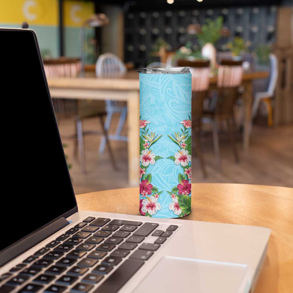 Hawaii Tropical Flowers Skinny Tumbler Sky Blue Polynesian Tattoo Art LT05 - Polynesian Pride