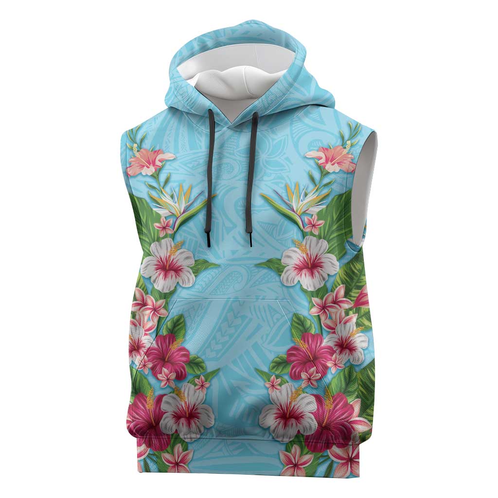 Hawaii Tropical Flowers Sleeveless Hoodie Sky Blue Polynesian Tattoo Art LT05 Blue - Polynesian Pride
