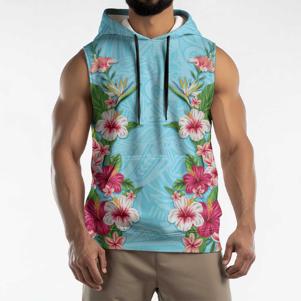 Hawaii Tropical Flowers Sleeveless Hoodie Sky Blue Polynesian Tattoo Art LT05 - Polynesian Pride