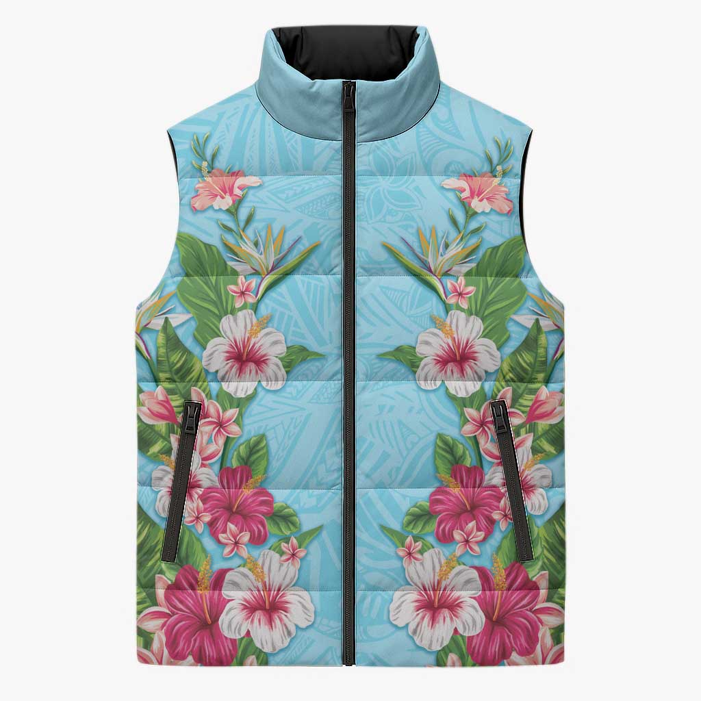 Hawaii Tropical Flowers Sleeveless Puffer Jacket Sky Blue Polynesian Tattoo Art LT05 Unisex Blue - Polynesian Pride