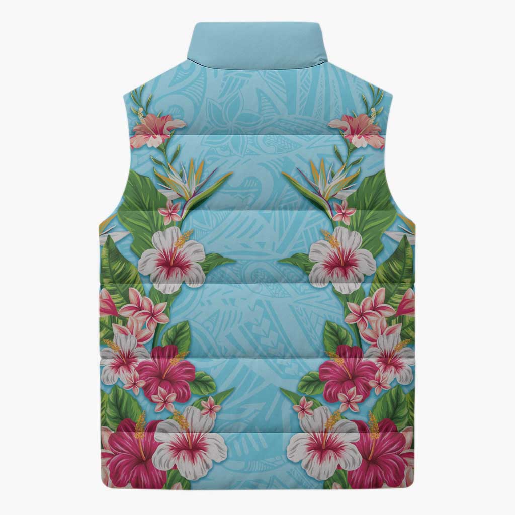 Hawaii Tropical Flowers Sleeveless Puffer Jacket Sky Blue Polynesian Tattoo Art LT05 - Polynesian Pride