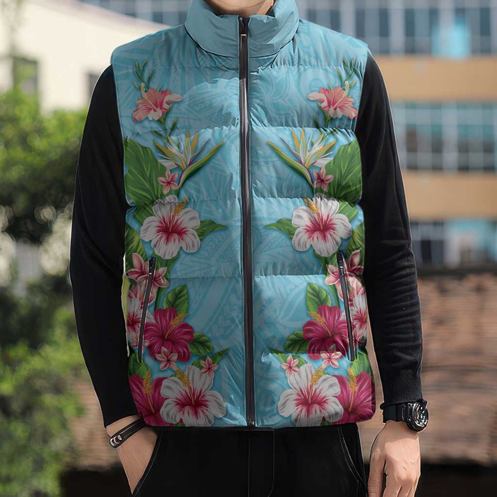 Hawaii Tropical Flowers Sleeveless Puffer Jacket Sky Blue Polynesian Tattoo Art LT05 - Polynesian Pride