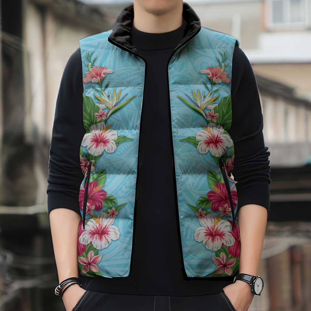 Hawaii Tropical Flowers Sleeveless Puffer Jacket Sky Blue Polynesian Tattoo Art LT05 - Polynesian Pride