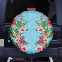 Hawaii Tropical Flowers Spare Tire Cover Sky Blue Polynesian Tattoo Art LT05 No hole Blue - Polynesian Pride