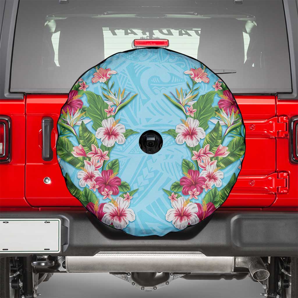 Hawaii Tropical Flowers Spare Tire Cover Sky Blue Polynesian Tattoo Art LT05 - Polynesian Pride