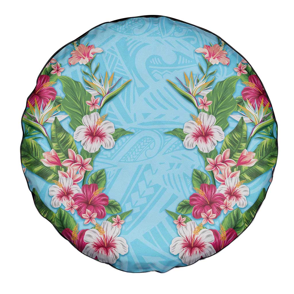 Hawaii Tropical Flowers Spare Tire Cover Sky Blue Polynesian Tattoo Art LT05 - Polynesian Pride