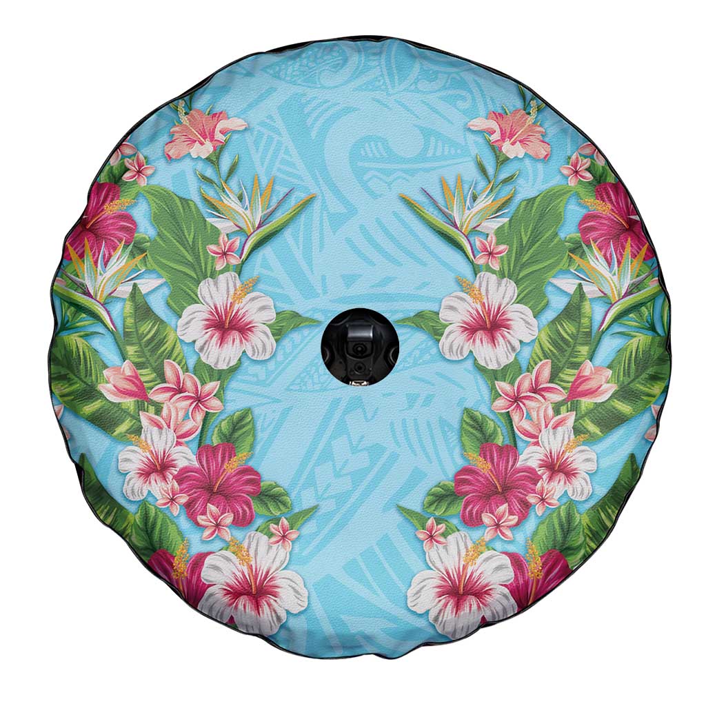 Hawaii Tropical Flowers Spare Tire Cover Sky Blue Polynesian Tattoo Art LT05 - Polynesian Pride