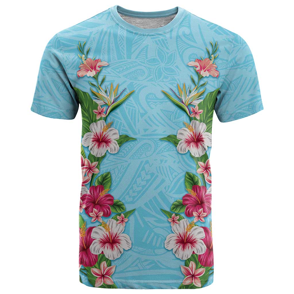 Hawaii Tropical Flowers T Shirt Sky Blue Polynesian Tattoo Art LT05 Blue - Polynesian Pride
