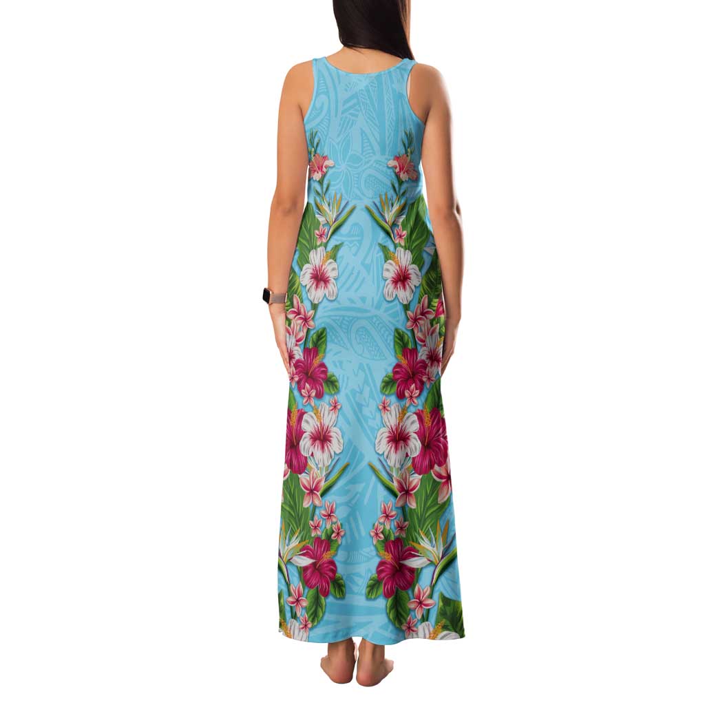 Hawaii Tropical Flowers Tank Maxi Dress Sky Blue Polynesian Tattoo Art LT05 - Polynesian Pride