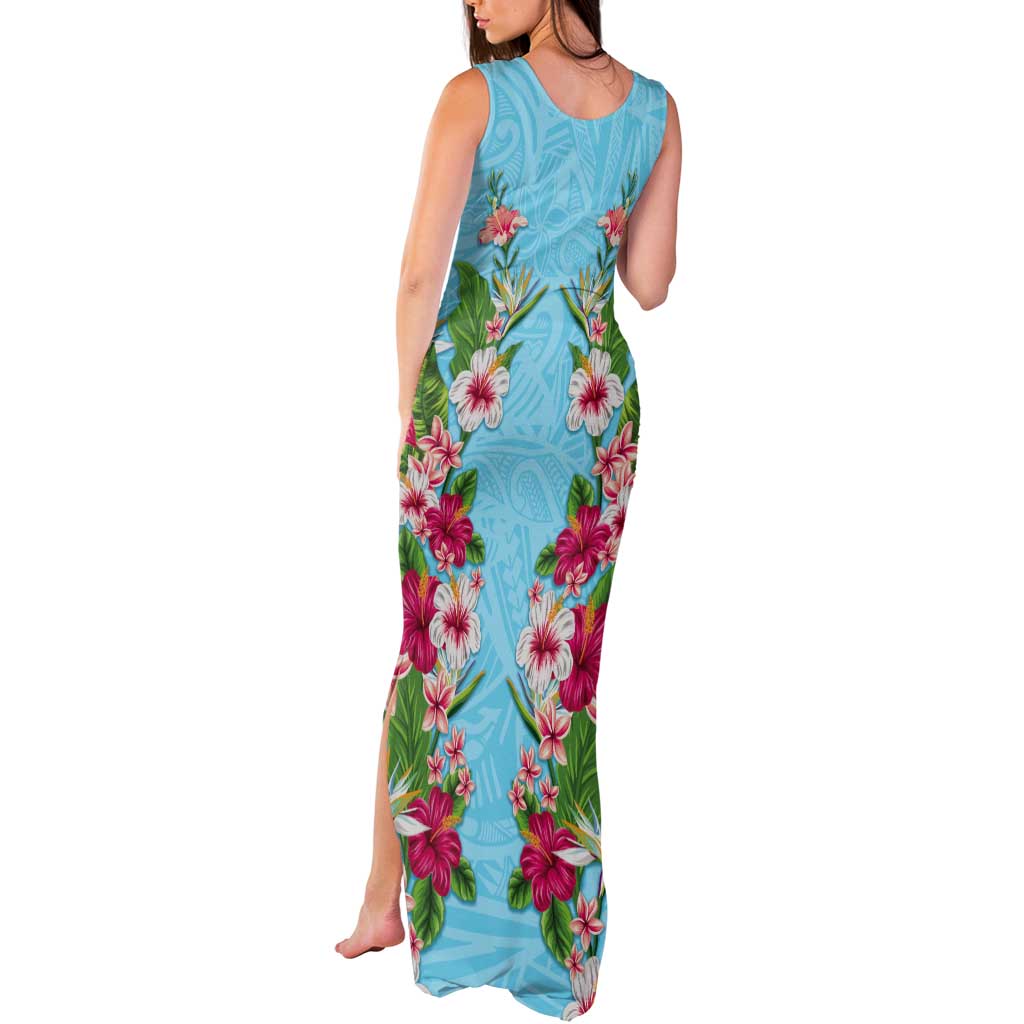 Hawaii Tropical Flowers Tank Maxi Dress Sky Blue Polynesian Tattoo Art LT05 - Polynesian Pride
