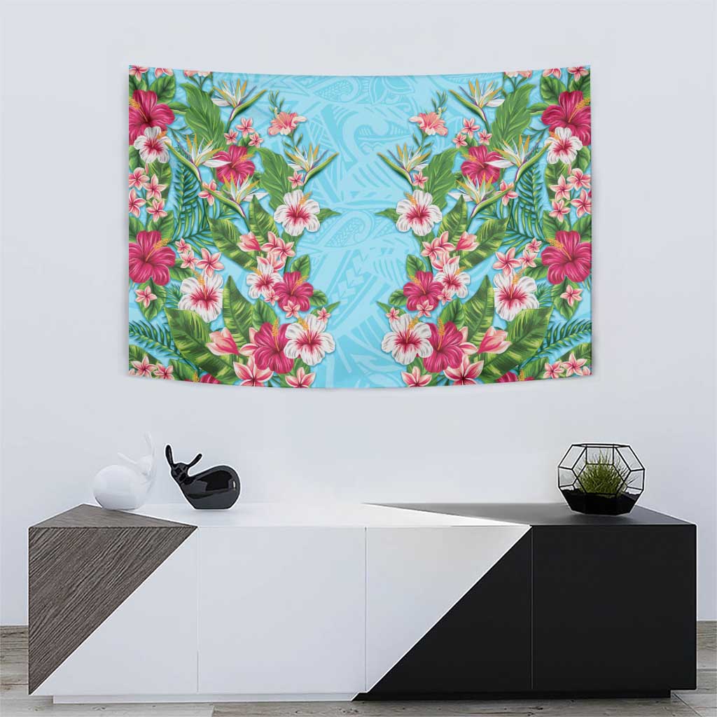 Hawaii Tropical Flowers Tapestry Sky Blue Polynesian Tattoo Art LT05 - Polynesian Pride