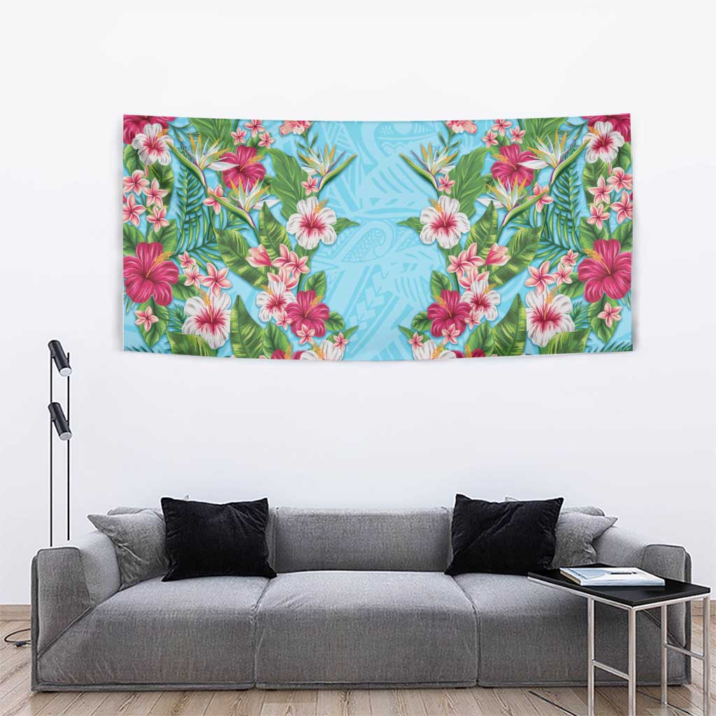 Hawaii Tropical Flowers Tapestry Sky Blue Polynesian Tattoo Art LT05 - Polynesian Pride