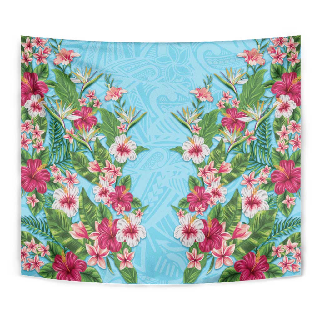 Hawaii Tropical Flowers Tapestry Sky Blue Polynesian Tattoo Art LT05 - Polynesian Pride