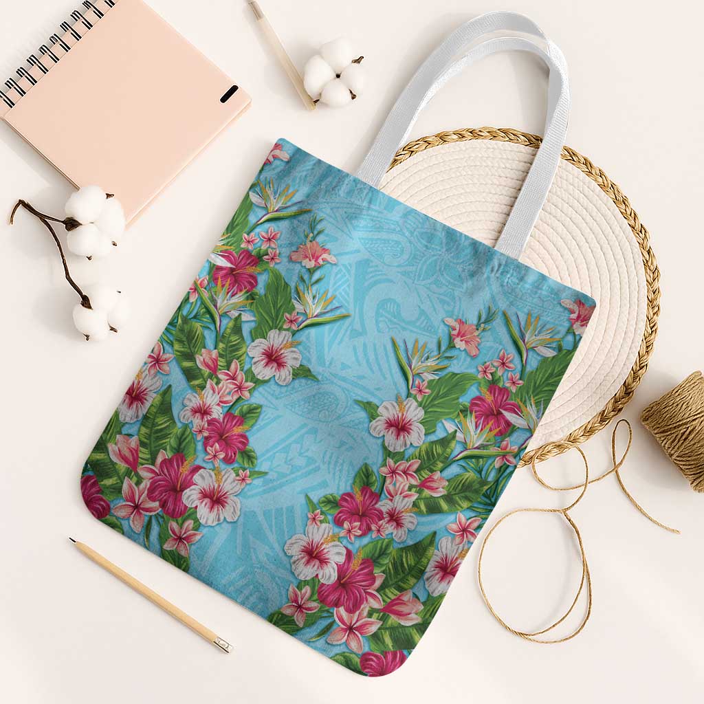 Hawaii Tropical Flowers Tote Bag Sky Blue Polynesian Tattoo Art LT05 White Strap One Size Blue - Polynesian Pride