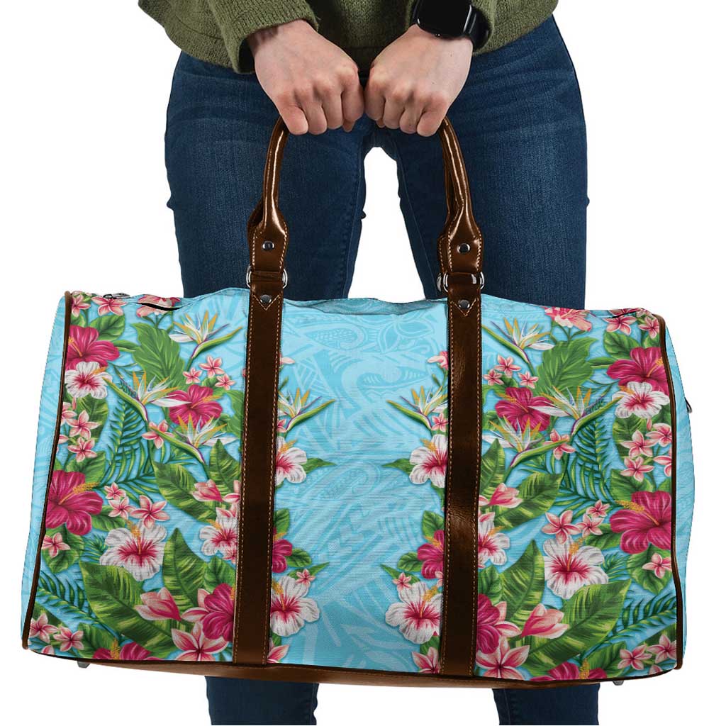 Hawaii Tropical Flowers Travel Bag Sky Blue Polynesian Tattoo Art