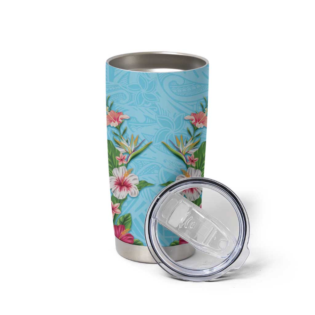 Hawaii Tropical Flowers Tumbler Cup Sky Blue Polynesian Tattoo Art LT05 - Polynesian Pride