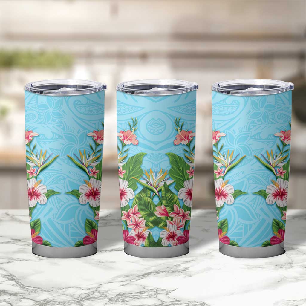 Hawaii Tropical Flowers Tumbler Cup Sky Blue Polynesian Tattoo Art LT05 - Polynesian Pride