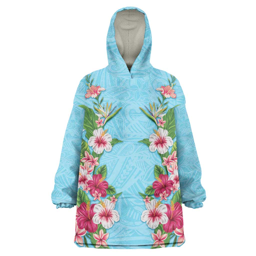 Hawaii Tropical Flowers Wearable Blanket Hoodie Sky Blue Polynesian Tattoo Art LT05 One Size Blue - Polynesian Pride