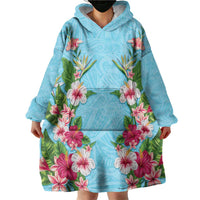 Hawaii Tropical Flowers Wearable Blanket Hoodie Sky Blue Polynesian Tattoo Art LT05 - Polynesian Pride